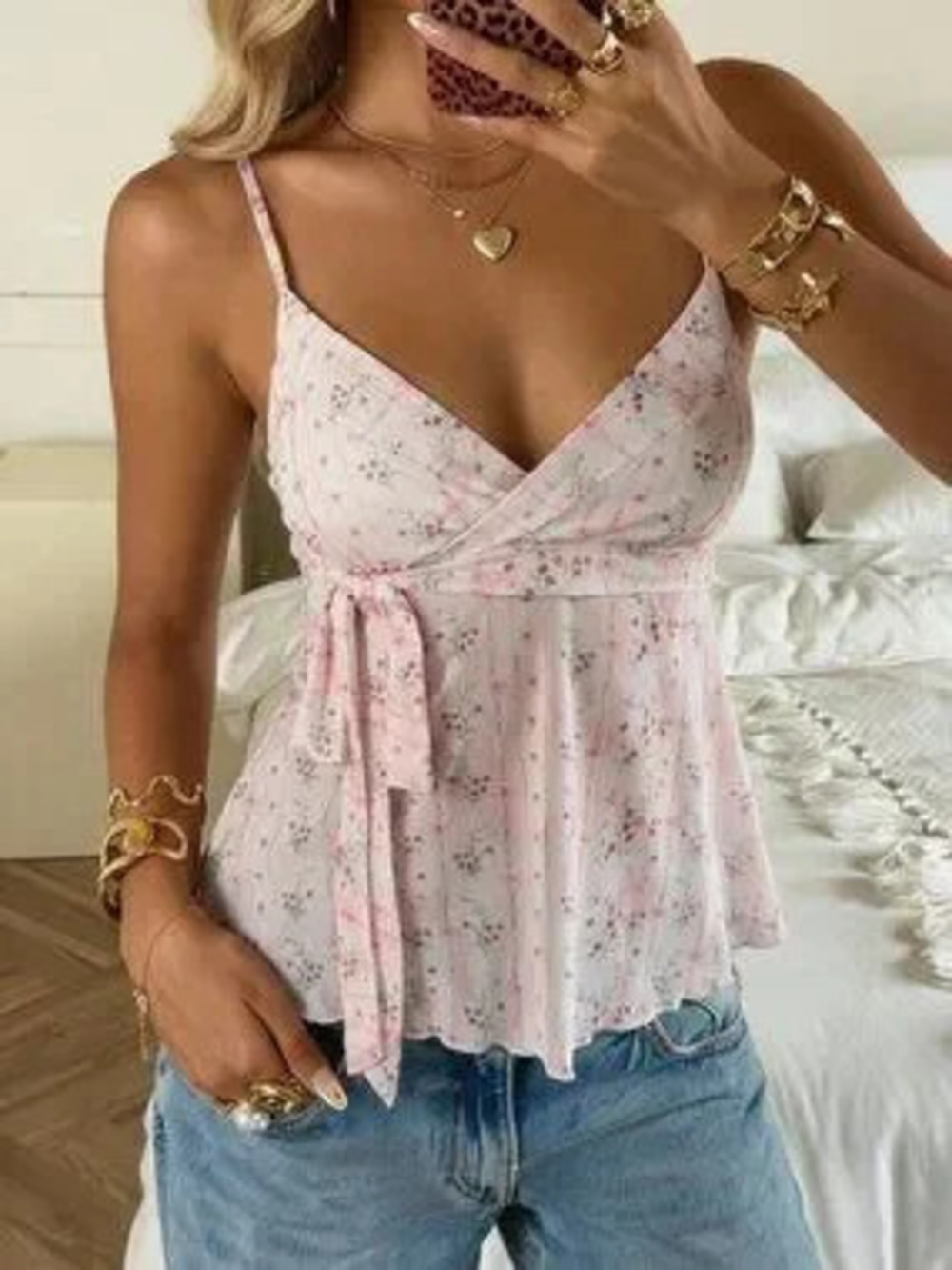 Pink Boho Women's Floral Casual Holiday Party Picnic Printed Tie-Up Tank Top